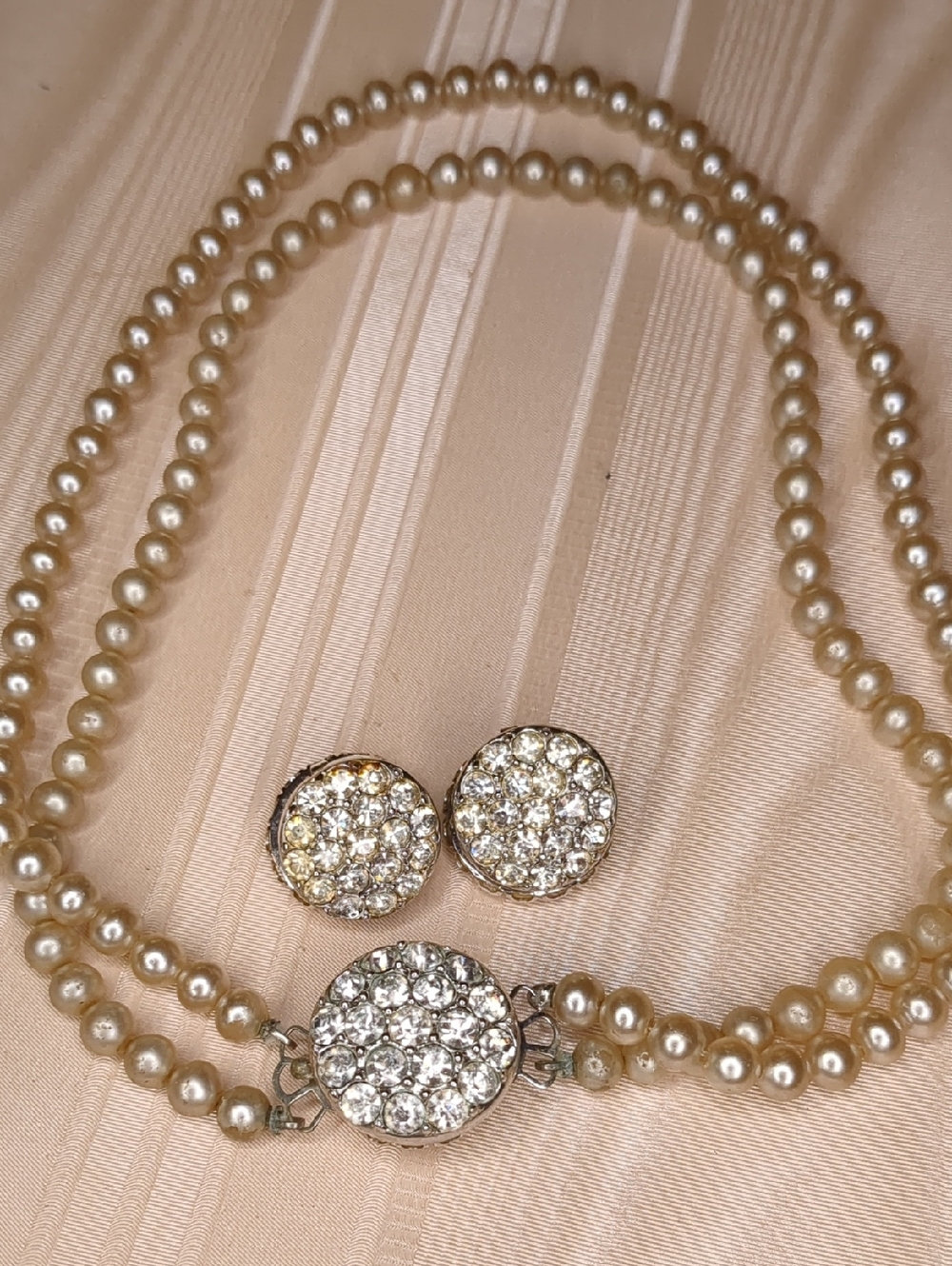 Vintage 50s Sarah Cov Pearl Necklace & Earring Set Rhinestone Formal Reversible